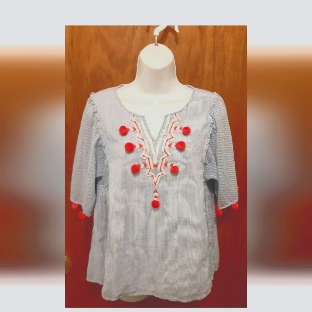 NWOT CROWN & IVY Striped Blue & White Top With Red Pom-Poms Small